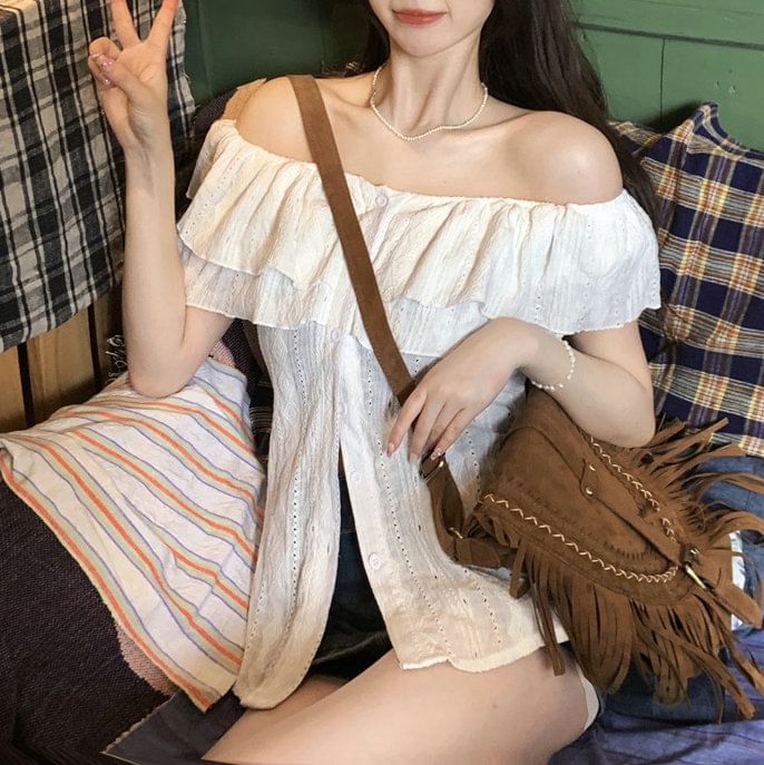 Short-Sleeve Blouse Off Plain Ruffle Shoulder