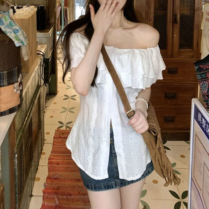 Short-Sleeve Blouse Off Plain Ruffle Shoulder
