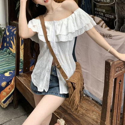 Short-Sleeve Blouse Off Plain Ruffle Shoulder