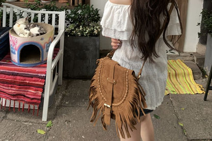 Short-Sleeve Blouse Off Plain Ruffle Shoulder