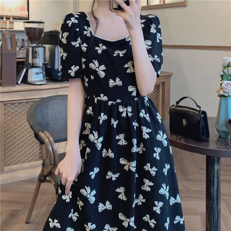 Neck Dress Print A-Line Square Midi Tie Short-Sleeve Bow Panel Back