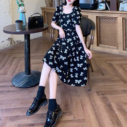 Neck Dress Print A-Line Square Midi Tie Short-Sleeve Bow Panel Back