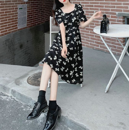 Neck Dress Print A-Line Square Midi Tie Short-Sleeve Bow Panel Back