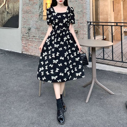 Neck Dress Print A-Line Square Midi Tie Short-Sleeve Bow Panel Back