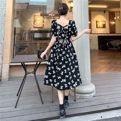 Neck Dress Print A-Line Square Midi Tie Short-Sleeve Bow Panel Back