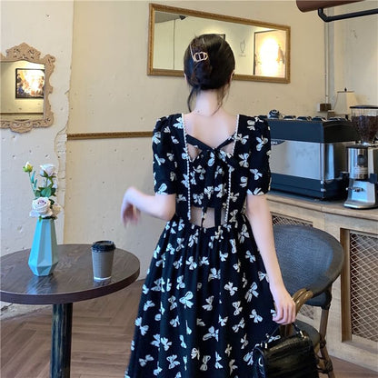 Neck Dress Print A-Line Square Midi Tie Short-Sleeve Bow Panel Back