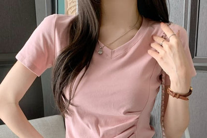 V-Neck Ruched Plain Asymmetrical T-Shirt Short-Sleeve