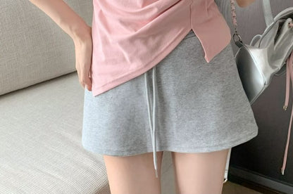 V-Neck Ruched Plain Asymmetrical T-Shirt Short-Sleeve