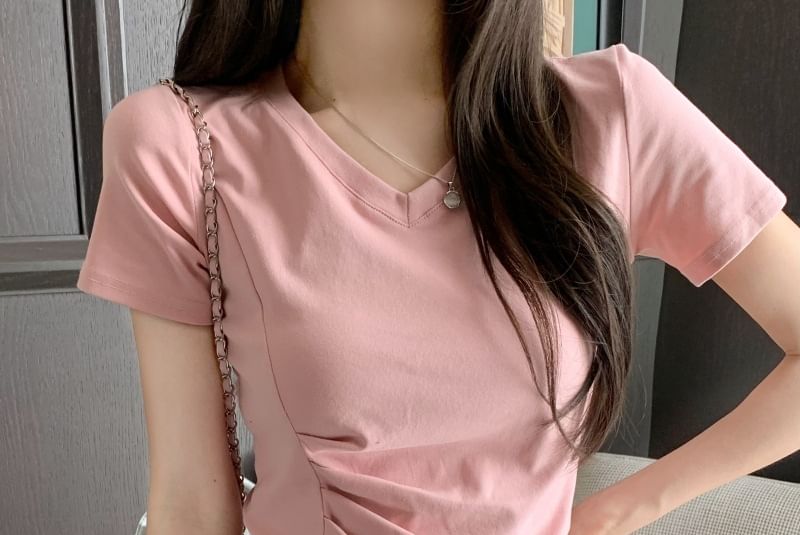 V-Neck Ruched Plain Asymmetrical T-Shirt Short-Sleeve