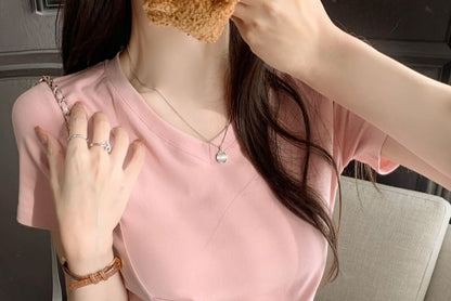 V-Neck Ruched Plain Asymmetrical T-Shirt Short-Sleeve