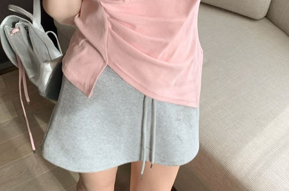 V-Neck Ruched Plain Asymmetrical T-Shirt Short-Sleeve