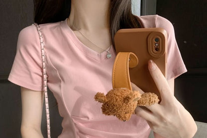 V-Neck Ruched Plain Asymmetrical T-Shirt Short-Sleeve