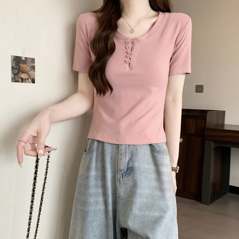 Henley Plain T-Shirt Short-Sleeve