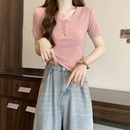 Henley Plain T-Shirt Short-Sleeve