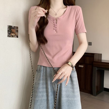 Henley Plain T-Shirt Short-Sleeve