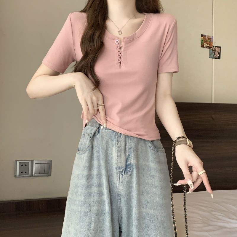 Henley Plain T-Shirt Short-Sleeve