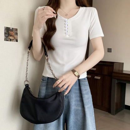 Henley Plain T-Shirt Short-Sleeve