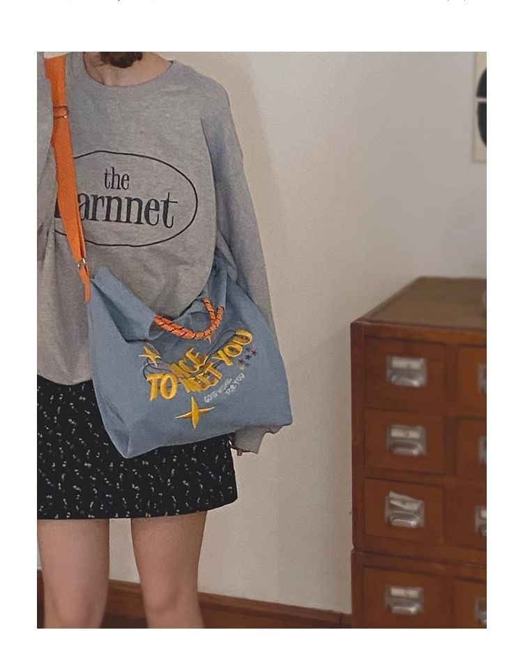 Lettering Embroidered Denim Crossbody Tote Bag