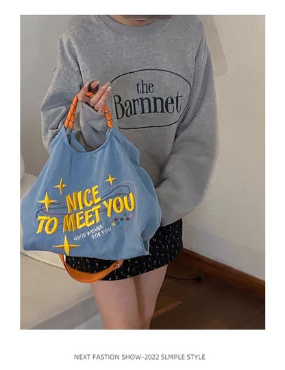 Lettering Embroidered Denim Crossbody Tote Bag