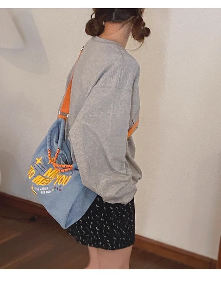 Lettering Embroidered Denim Crossbody Tote Bag