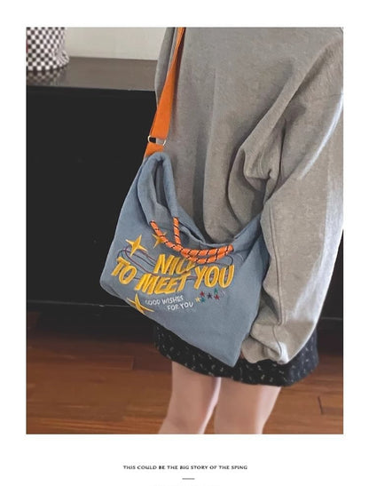 Lettering Embroidered Denim Crossbody Tote Bag