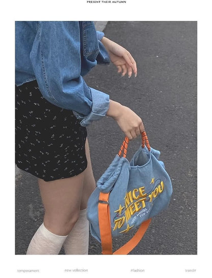 Lettering Embroidered Denim Crossbody Tote Bag