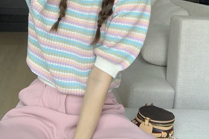 Short-Sleeve Round Neck Striped Knit Top