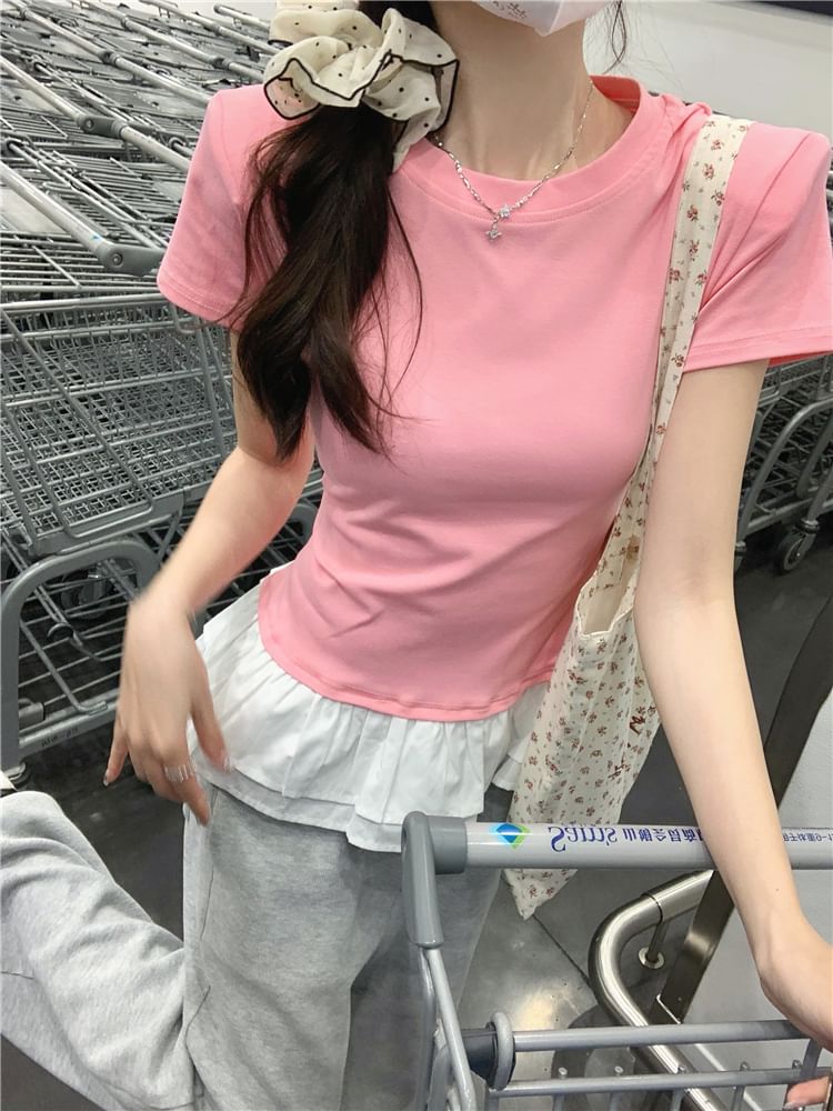 Short-Sleeve Crew Neck Peplum Slim Fit Tee