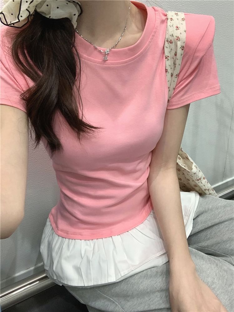 Short-Sleeve Crew Neck Peplum Slim Fit Tee