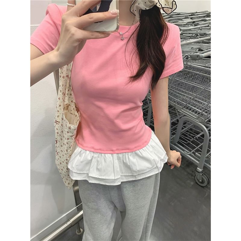 Short-Sleeve Crew Neck Peplum Slim Fit Tee