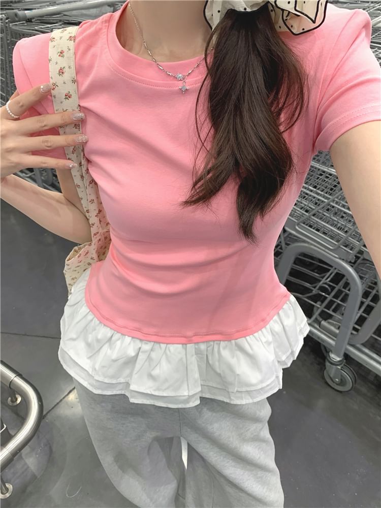 Short-Sleeve Crew Neck Peplum Slim Fit Tee