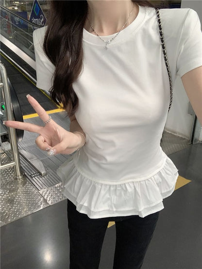 Short-Sleeve Crew Neck Peplum Slim Fit Tee