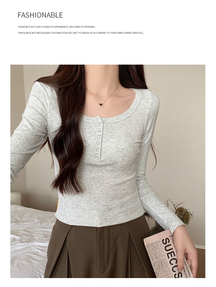 Long-Sleeve Henley Ribbed Crop Slim Fit T-Shirt