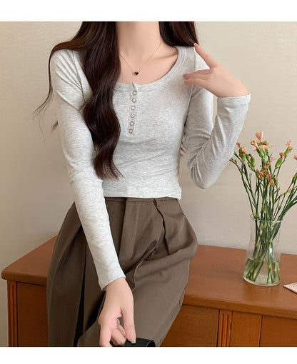 Long-Sleeve Henley Ribbed Crop Slim Fit T-Shirt