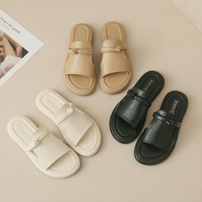 Platform Plain Knot Faux Leather Slide Sandals