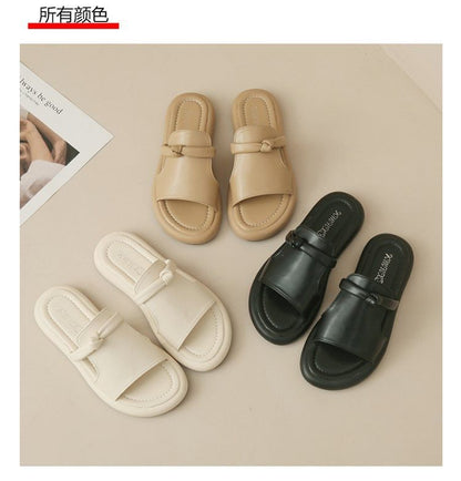 Platform Plain Knot Faux Leather Slide Sandals