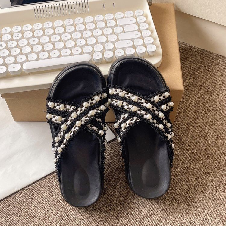 Platform Cross Strap Tweed Faux Pearl Accent Sandals