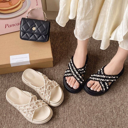 Platform Cross Strap Tweed Faux Pearl Accent Sandals