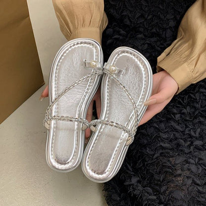 Platform Rhinestone Strap Faux Pearl Accent Toe Loop Sandals