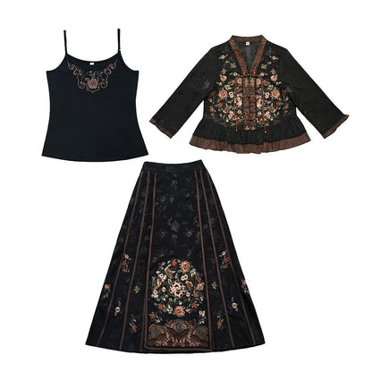 Elbow-Sleeve V-Neck Floral Embroidered Peplum Frog Closure Blouse / High Waist Panel Maxi A-Line Skirt / Camisole Top