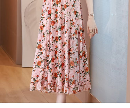 Short-Sleeve V-Neck Floral Print Frill Midi A-Line Dress