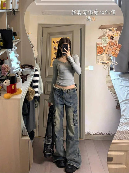 Low Waist Washed Wide Leg Cargo Jeans