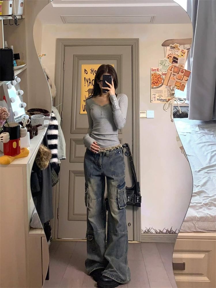 Low Waist Washed Wide Leg Cargo Jeans