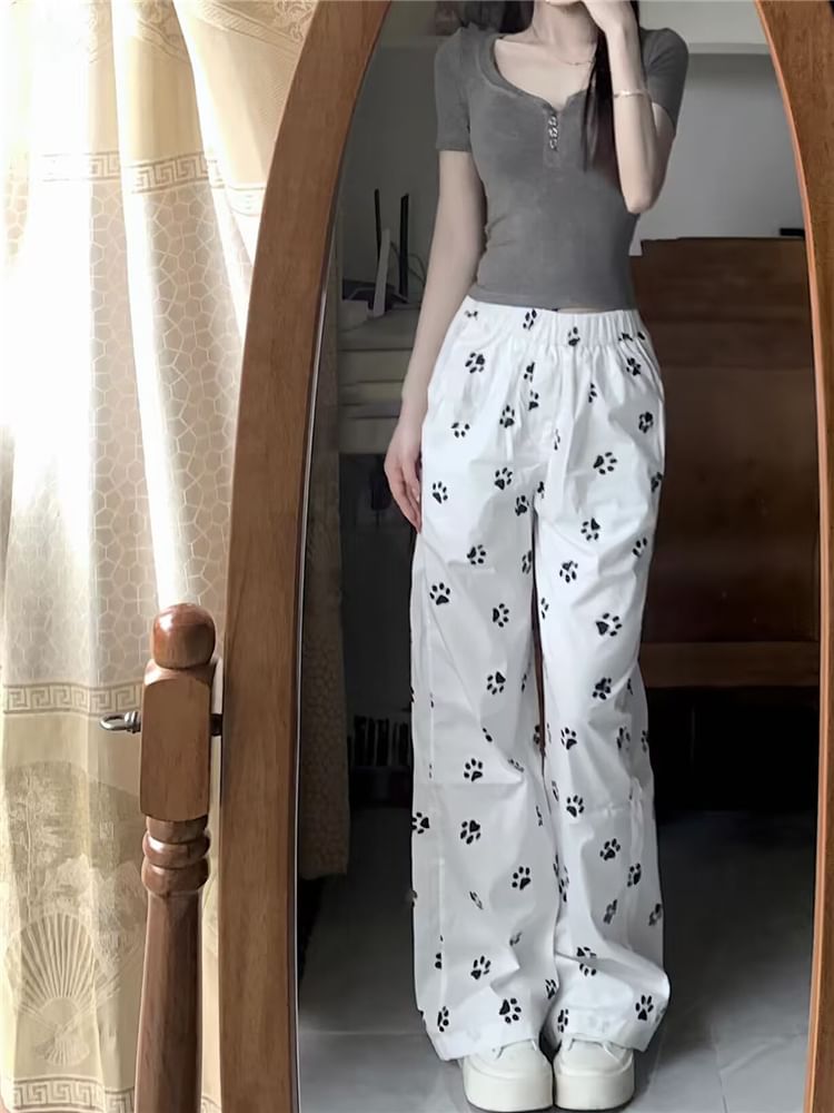 Mid Rise Paw Print Wide Leg Pants