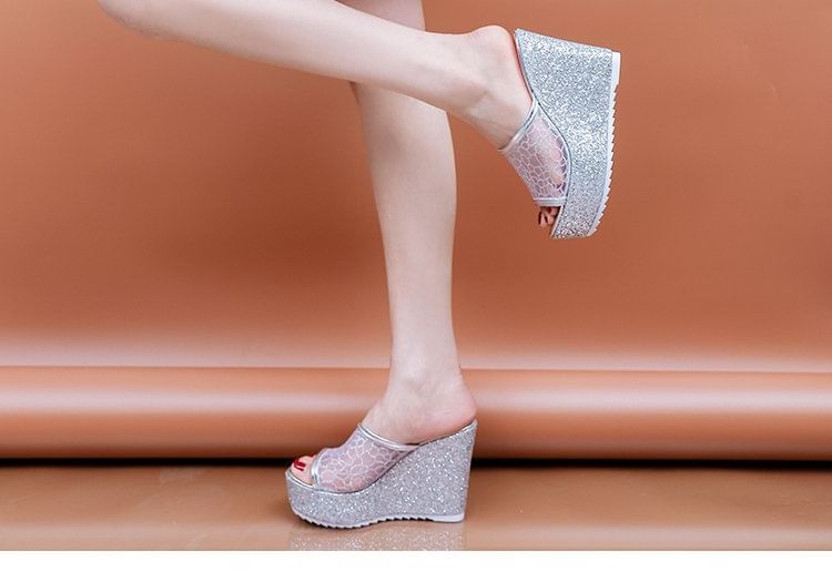 Glitter Plain Slide Sandals Wedge