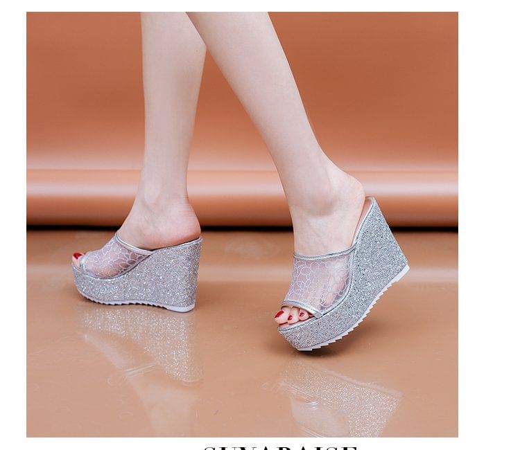 Glitter Plain Slide Sandals Wedge