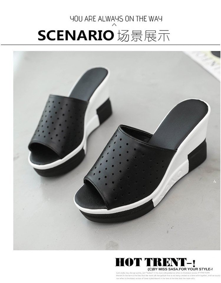 Plain Sandals Pointelle Wedge Slide