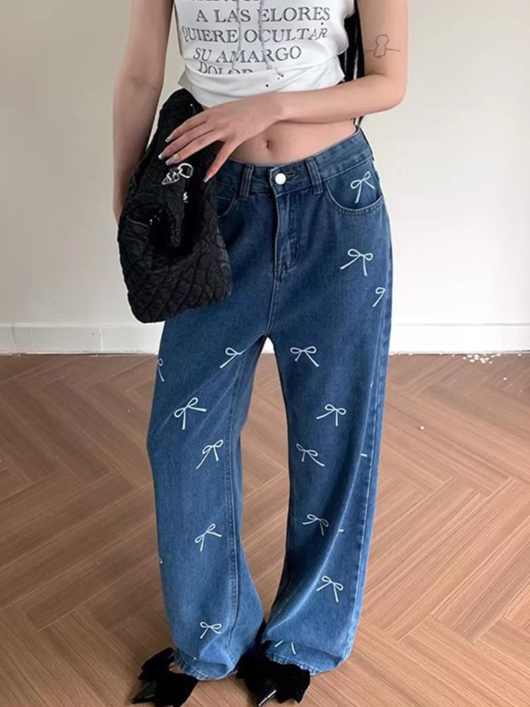 Low Waist Bow Print Wide Leg Jeans