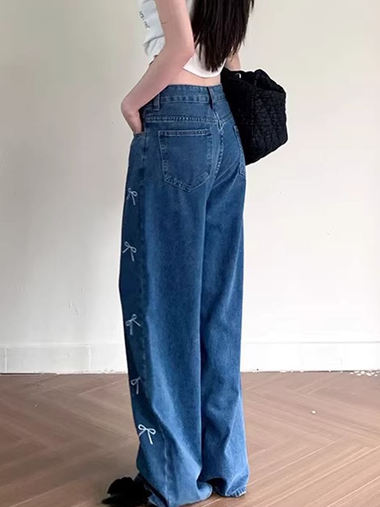 Low Waist Bow Print Wide Leg Jeans