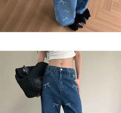 Low Waist Bow Print Wide Leg Jeans